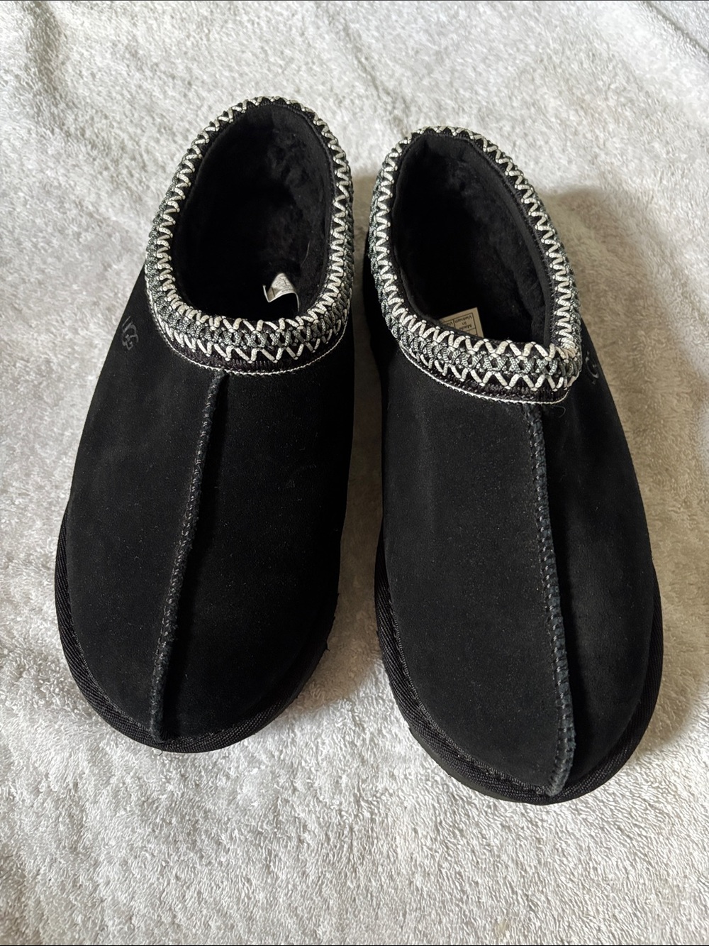 UGG Men’s Black Suede Slip-On Moccasin Slippers with Braided Trim